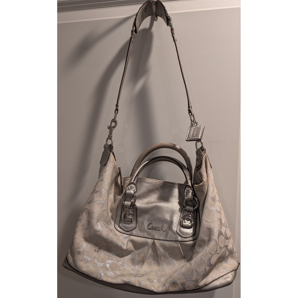 Coach Metallic Signature Jacquard Hobo Bag Silver Leather Y2K